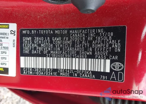 2009 Toyota Corolla S z USA, uszkodzony, nr VIN 2T1BU40E99C154869